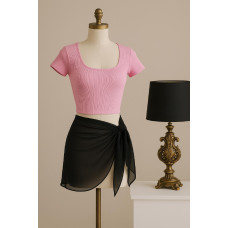 Kadın Pembe Yarım Kol Crop ve Siyah Pareo 2'li Set 