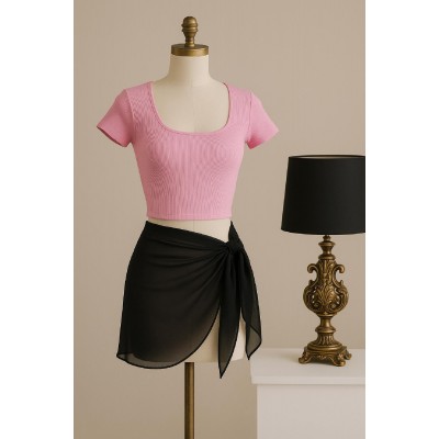 Kadın Pembe Yarım Kol Crop ve Siyah Pareo 2'li Set Kadın Pembe Yarım Kol Crop ve Siyah Pareo 2'li Set
