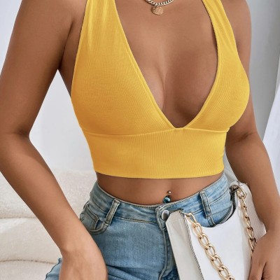 Kadın Sarı Çapraz Sırt Detaylı Şık Crop Top Büstiyer