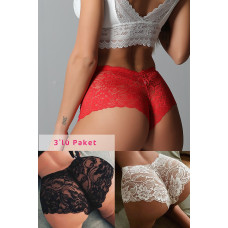 Kadın Siyah Beyaz Kırmızı 3'lü Paket Dantel Tanga Şort Külot 