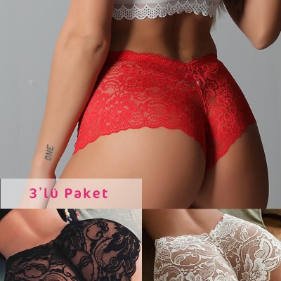 Kadın Siyah Beyaz Kırmızı 3'lü Paket Dantel Tanga Şort Külot Kadın Siyah Beyaz Kırmızı 3'lü Paket Dantel Tanga Şort Külot