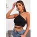 Kadın Siyah Sırtı Açık Boyundan Çapraz Bağlamalı Crop Top Bluz