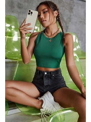 Kadın Yeşil Kare Yaka Crop Top Bluz