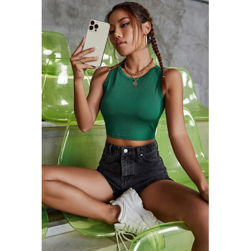 Kadın Yeşil Kare Yaka Crop Top Bluz