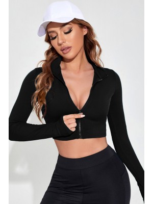 Kadın Siyah Uzun Kol Fermuarlı Parmak Geçme Detaylı Dik Yaka Crop Top Bluz Kadın Siyah Uzun Kol Fermuarlı Parmak Geçme Detaylı Dik Yaka Crop Top Bluz