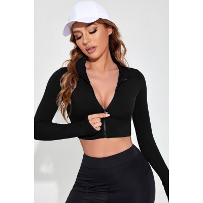 Kadın Siyah Uzun Kol Fermuarlı Parmak Geçme Detaylı Dik Yaka Crop Top Bluz Kadın Siyah Uzun Kol Fermuarlı Parmak Geçme Detaylı Dik Yaka Crop Top Bluz