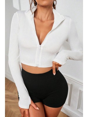 Kadın Beyaz Uzun Kol Fermuarlı Parmak Geçme Detaylı Dik Yaka Crop Top Bluz Kadın Beyaz Uzun Kol Fermuarlı Parmak Geçme Detaylı Dik Yaka Crop Top Bluz