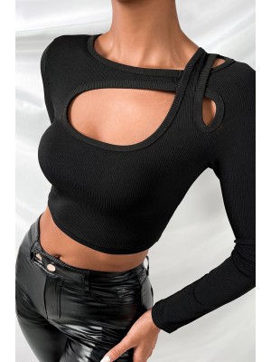 Kadın Siyah Göğüs Dekolteli Çapraz Askılı Uzun Kollu Crop Top Bluz