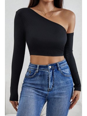Kadın Siyah Tek Omuz Detaylı Uzun Kol Crop Top Bluz