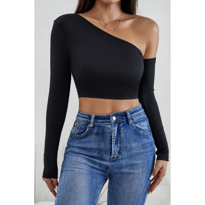 Kadın Siyah Tek Omuz Detaylı Uzun Kol Crop Top Bluz Kadın Siyah Tek Omuz Detaylı Uzun Kol Crop Top Bluz