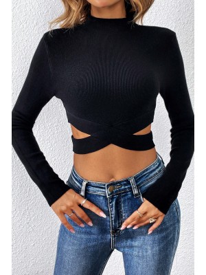Kadın Siyah Çapraz Bel Detaylı Dik Yaka Uzun Kol Crop Top Bluz
