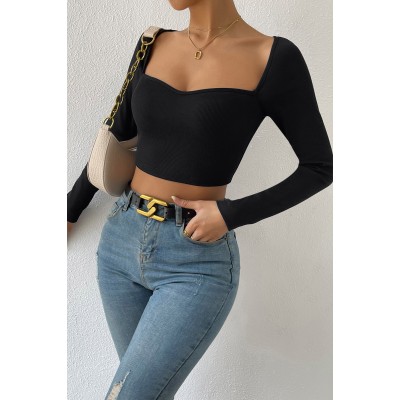 Kadın Siyah Uzun Kol Göğüs Dekolteli Şık Crop Top Bluz