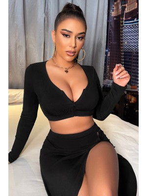 Kadın Siyah Uzun Kol Göğüs ve Göbek Dekolteli Fermuarlı Crop Top Bluz