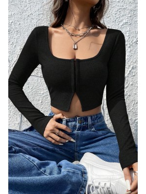 Kadın Siyah Uzun Kollu Agraflı Göğüs ve Göbek Dekolteli Crop Top Bluz Kadın Siyah Uzun Kollu Agraflı Göğüs ve Göbek Dekolteli Crop Top Bluz