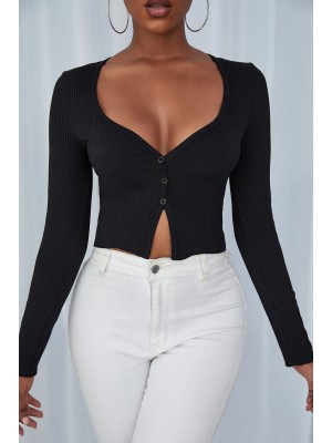 Kadın Siyah Uzun Kollu Düğmeli Göğüs ve Göbek Dekolteli Crop Top Bluz Kadın Siyah Uzun Kollu Düğmeli Göğüs ve Göbek Dekolteli Crop Top Bluz
