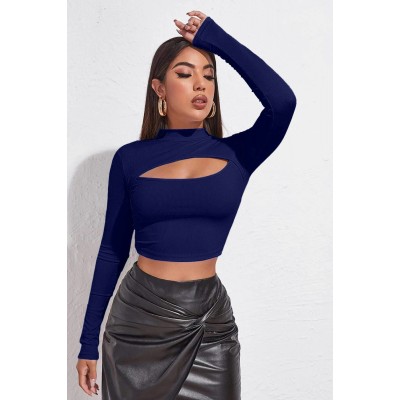 Kadın Lacivert Göğüs Dekolteli Uzun Kollu Cut Out Crop Top Bluz