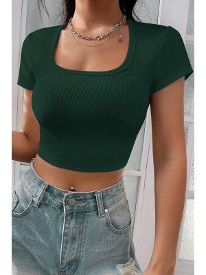 Kadın Yeşil Yarım Kol Düz Yaka Crop Top Bluz