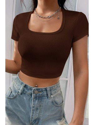 Kadın Kahverengi Yarım Kol Düz Yaka Crop Top Bluz