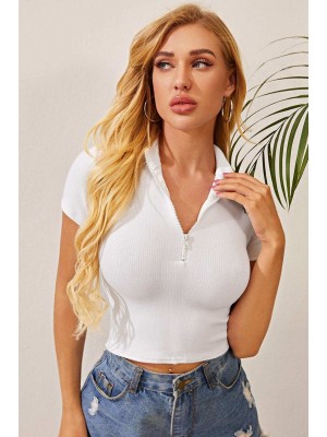 Kadın Beyaz Yarım Fermuarlı ve Kısa Kollu Crop Top Bluz