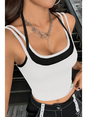 Kadın Siyah Beyaz Çift Renk Çapraz Askılı Crop Top Bluz