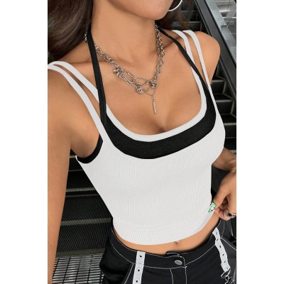 Kadın Siyah Beyaz Çift Renk Çapraz Askılı Crop Top Bluz Kadın Siyah Beyaz Çift Renk Çapraz Askılı Crop Top Bluz