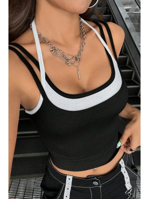 Kadın Beyaz Siyah Çift Renk Çapraz Askılı Crop Top Bluz Kadın Beyaz Siyah Çift Renk Çapraz Askılı Crop Top Bluz
