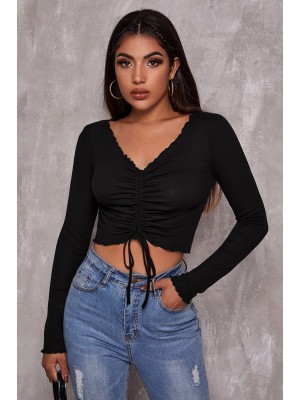 Kadın Siyah Uzun Kollu Büzdürme Bağcık Detaylı Crop Top Bluz Kadın Siyah Uzun Kollu Büzdürme Bağcık Detaylı Crop Top Bluz