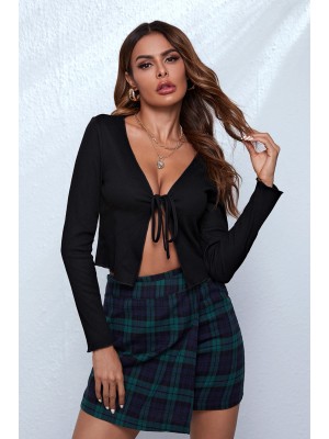 Kadın Siyah Uzun Kollu Önden Bağlama Detaylı Crop Top Bluz