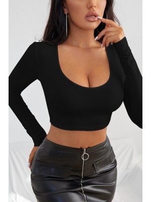 Kadın Siyah Uzun Kol Kare Yaka Crop Top Bluz