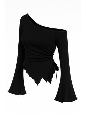 Kadın Siyah Uzun İspanyol Kollu Asimetirik Yaka Yandan Bağlamalı Drapeli Bluz Kadın Siyah Uzun İspanyol Kollu Asimetirik Yaka Yandan Bağlamalı Drapeli Bluz