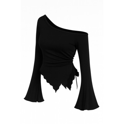 Kadın Siyah Uzun İspanyol Kollu Asimetirik Yaka Yandan Bağlamalı Drapeli Bluz Kadın Siyah Uzun İspanyol Kollu Asimetirik Yaka Yandan Bağlamalı Drapeli Bluz