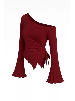 Kadın Bordo Uzun İspanyol Kollu Asimetirik Yaka Yandan Bağlamalı Drapeli Bluz Kadın Bordo Uzun İspanyol Kollu Asimetirik Yaka Yandan Bağlamalı Drapeli Bluz