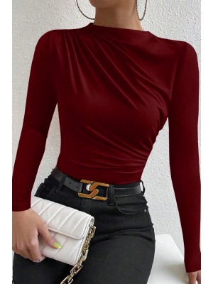 Kadın Bordo Belden ve Boyundan Büzgü Detaylı Uzun Kollu Bluz Kadın Bordo Belden ve Boyundan Büzgü Detaylı Uzun Kollu Bluz