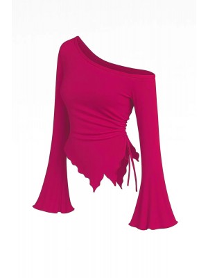 Kadın Fuşya Uzun İspanyol Kollu Asimetirik Yaka Yandan Bağlamalı Drapeli Bluz