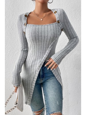 Kadın Gri Düğme Detaylı Kare Yaka Fitilli Asimetrik Etekli Uzun Kollu Bluz Kadın Gri Düğme Detaylı Kare Yaka Fitilli Asimetrik Etekli Uzun Kollu Bluz