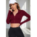 Kadın Bordo Uzun Kol Fermuarlı Parmak Geçme Detaylı Dik Yaka Crop Top Bluz