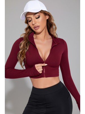 Kadın Bordo Uzun Kol Fermuarlı Parmak Geçme Detaylı Dik Yaka Crop Top Bluz Kadın Bordo Uzun Kol Fermuarlı Parmak Geçme Detaylı Dik Yaka Crop Top Bluz