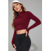 Kadın Bordo Uzun Kol Fermuarlı Parmak Geçme Detaylı Dik Yaka Crop Top Bluz
