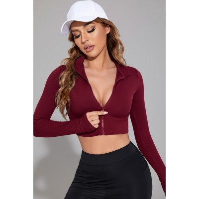 Kadın Bordo Uzun Kol Fermuarlı Parmak Geçme Detaylı Dik Yaka Crop Top Bluz Kadın Bordo Uzun Kol Fermuarlı Parmak Geçme Detaylı Dik Yaka Crop Top Bluz