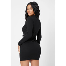 Kadın Siyah Kaşkorse Balıkçı Yaka Uzun Kollu Bodycon Mini Elbise 