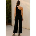 Kadın Siyah Tek Omuzlu Şık Bluz & Geniş Paça Pantolon İkili Takım