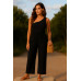Kadın Siyah Tek Omuzlu Şık Bluz & Geniş Paça Pantolon İkili Takım