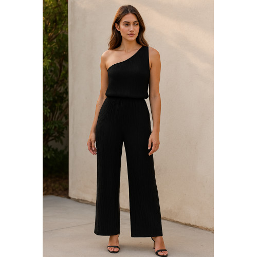 Kadın Siyah Tek Omuzlu Şık Bluz & Geniş Paça Pantolon İkili Takım