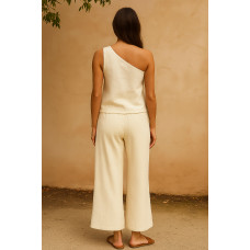 Kadın Beyaz Tek Omuzlu Şık Bluz & Geniş Paça Pantolon İkili Takım 