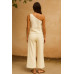 Kadın Beyaz Tek Omuzlu Şık Bluz & Geniş Paça Pantolon İkili Takım