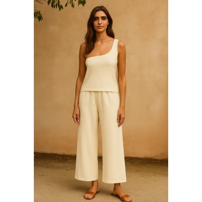 Kadın Beyaz Tek Omuzlu Şık Bluz & Geniş Paça Pantolon İkili Takım