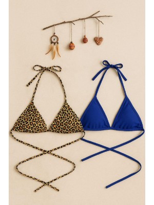 Kadın Leopar Desenli ve Mavi Minimal Kesim Üçgen Bikini Üstü