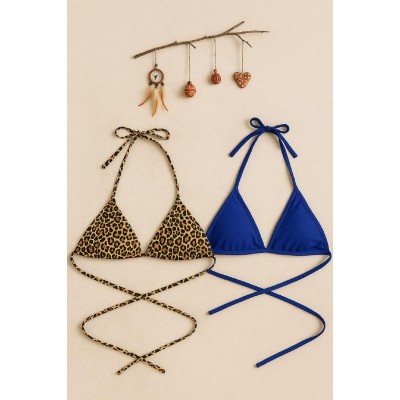 Kadın Leopar Desenli ve Mavi Minimal Kesim Üçgen Bikini Üstü