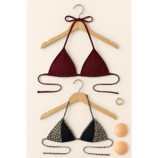 Kadın Leopar Desenli ve Bordo Minimal Kesim Üçgen Bikini Üstü 