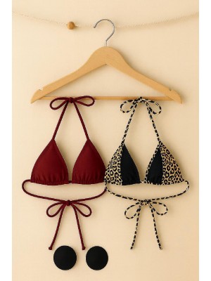 Kadın Leopar Desenli ve Bordo Minimal Kesim Üçgen Bikini Üstü